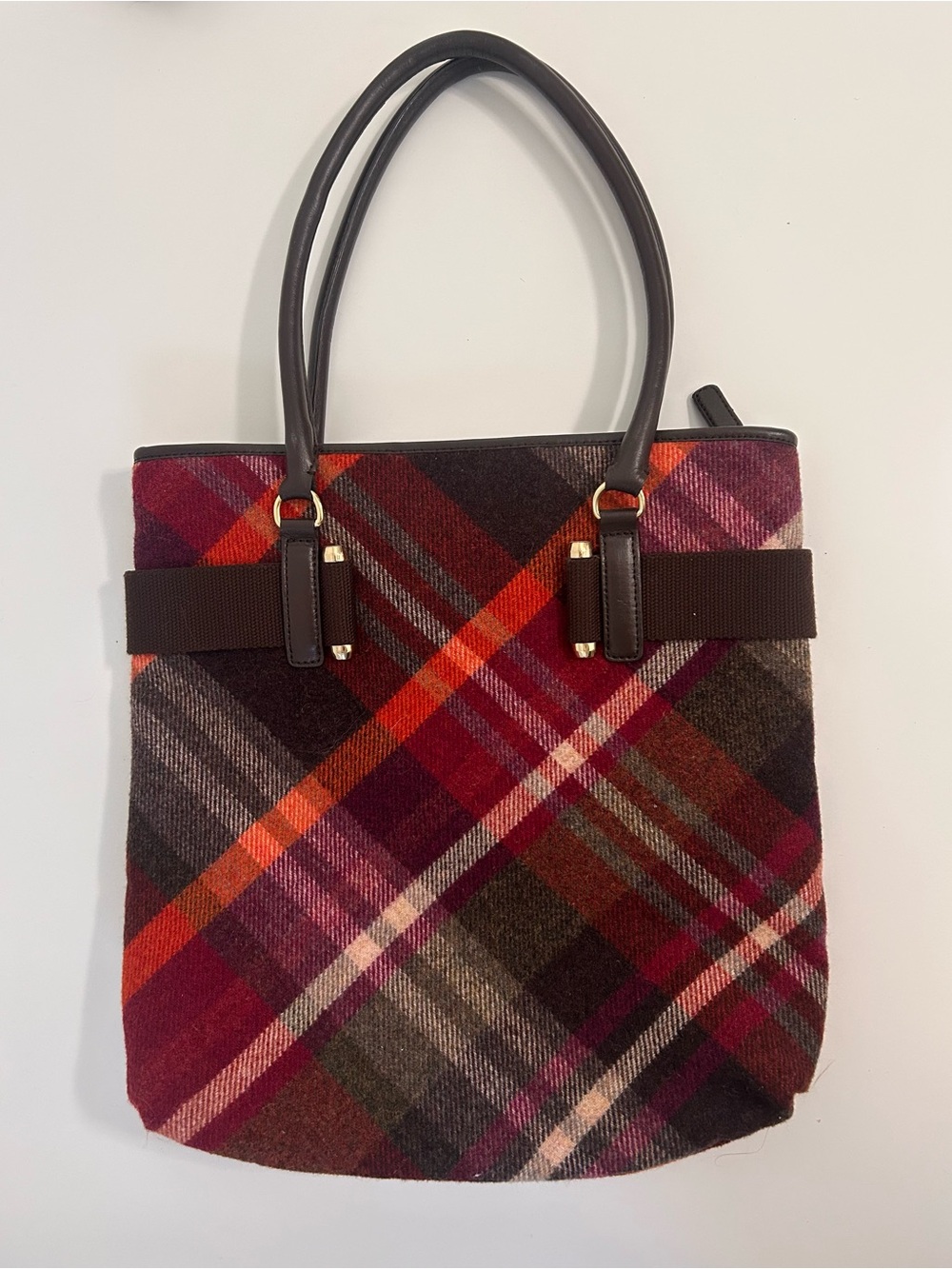 Talbots Plaid Wool Tote in Red, Burgundy and Brown NWOT